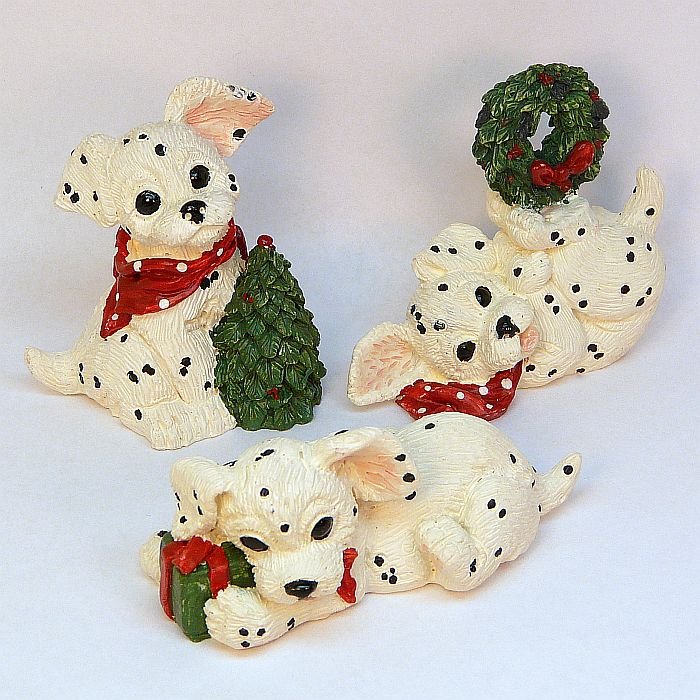 3 Dalmatian puppy Christmas figurines dogs puppies