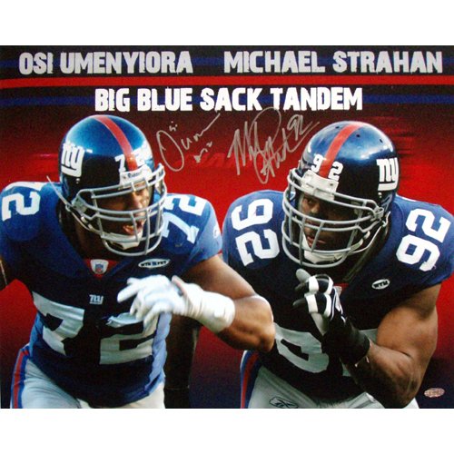 Michael Strahan & Osi Umenyiora Dual Signed Big Blue Sack Tandem 16x20 Photograph
