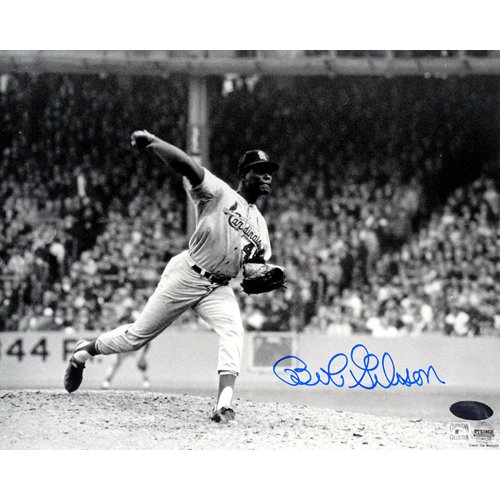 Bob Gibson Autographed Pitch Black & White 8x10 Photograph