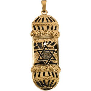 14k Yellow Gold Mezuzah Pendant with Blue Enamel
