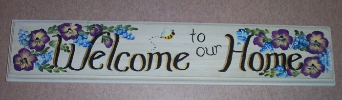 welcome to our home with purple & blue flowers