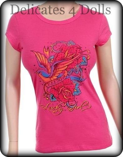 NEW SEXY FUSHIA DOVE FREEDOM ROSE TATTOO T-SHIRT TOP L