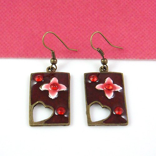 Japanese Style Sakura with Burgundy Crystal Earring