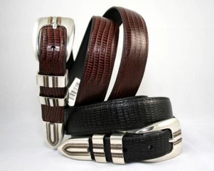 Men's "Lizard Print" Leather Belt Set - Black & Brown - Sz 40