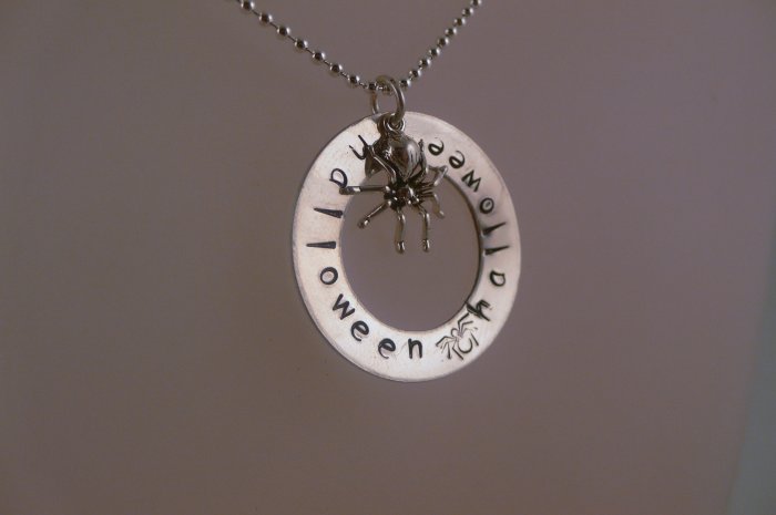 Halloween Custom Hand Stamped Personalized Circle Sterling Silver Pendant Necklace N124