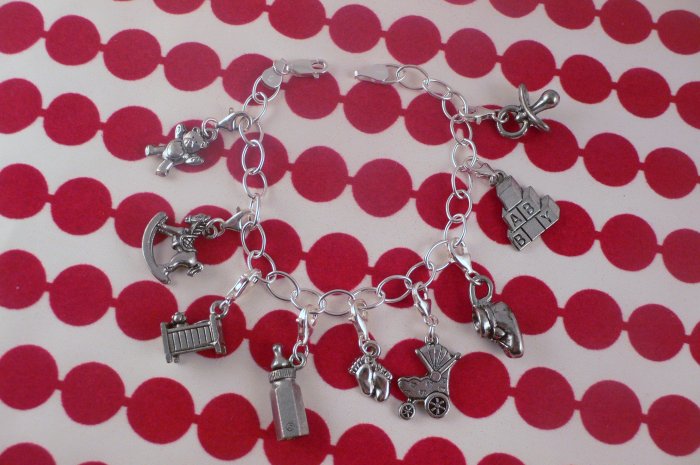 BABY SHOWER GIFT - 9 MONTH Pewter Charm Sterling Silver Baby Shower Bracelet B011