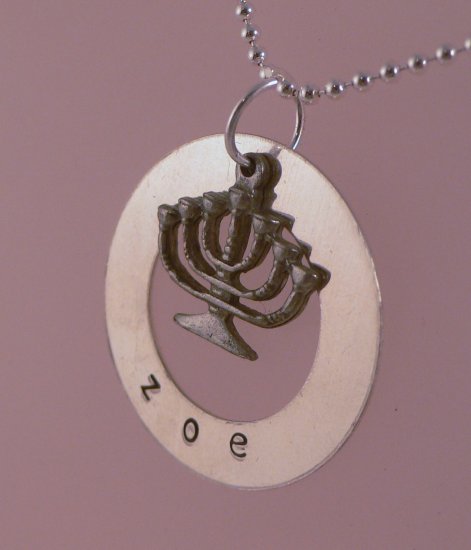 Menorah Hanukkah Chanukah Custom Hand Stamped Personalized Sterling Silver Circle Necklace N092