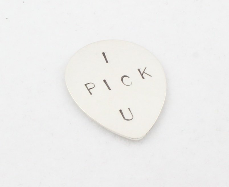 Small Guitar Pick Custom Hand Stamped Personalized Sterling Silver M003