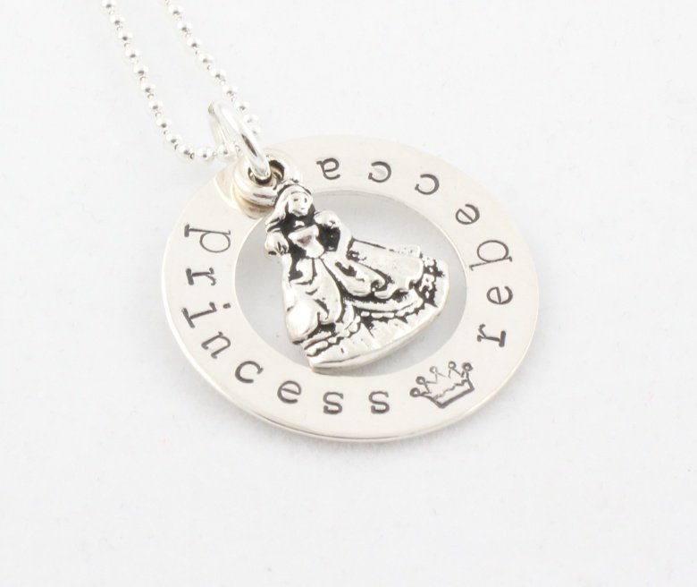 PRINCESS Custom Hand Stamped Personalized Circle Sterling Silver Pendant Necklace N123