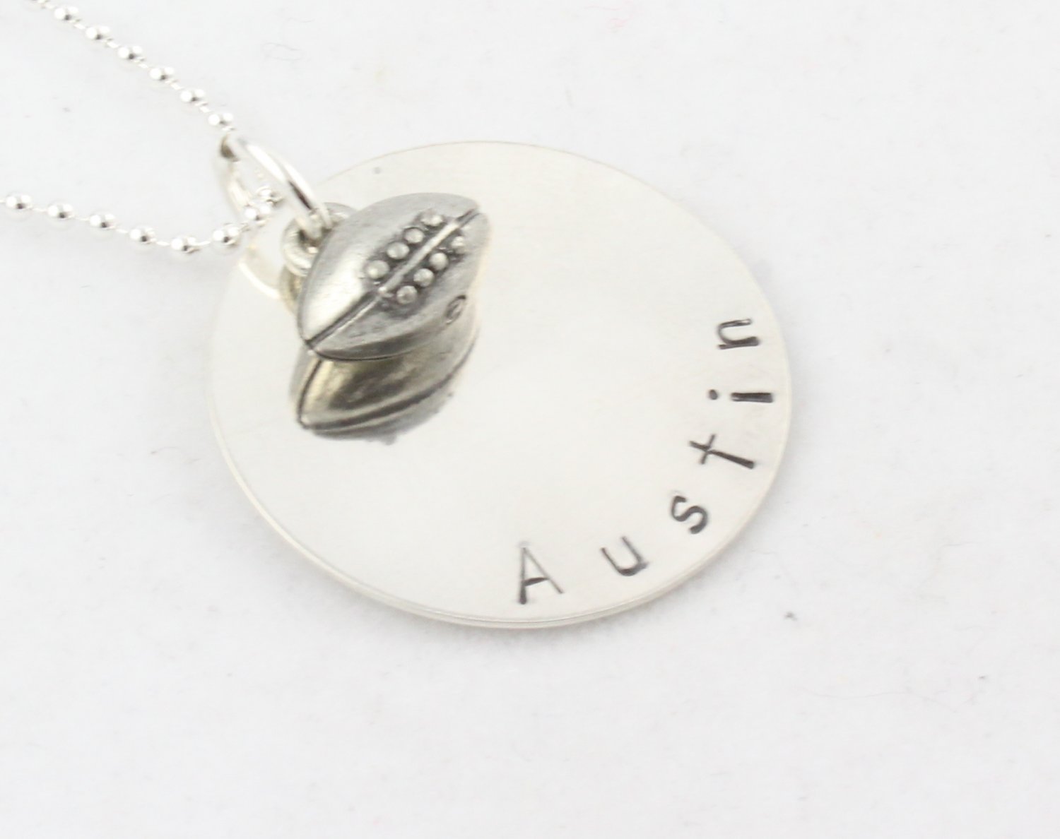 FOOTBALL Necklace BASEBALL SOCCER BASKETBALL MUSIC SPORTS Custom Handstamped Sterling Circle N130