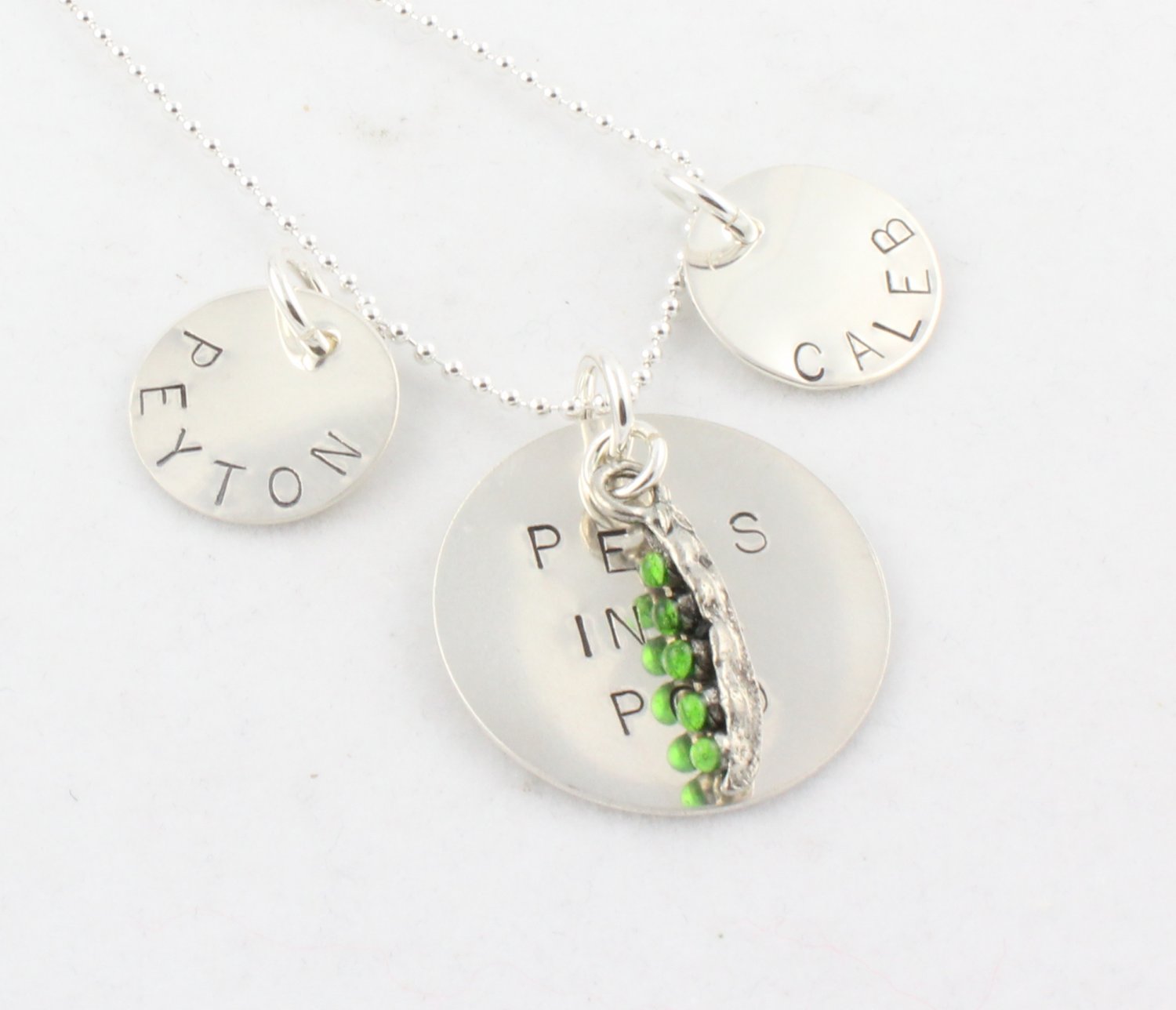PEAS IN A POD Custom Hand Stamped Personalized Sterling Silver Circle Pendant Necklace N114