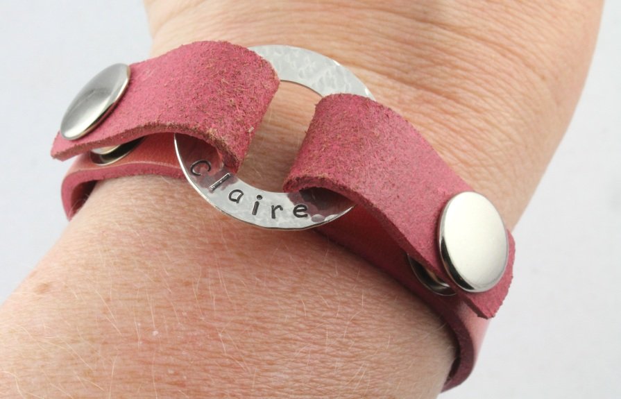 Leather Snap Bracelet Personalized Silver Custom Hand Stamped