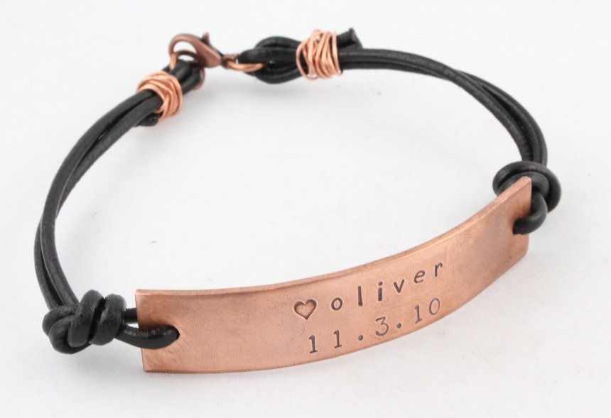 Leather Copper Bracelet Personalized Men Custom Hand Stamped