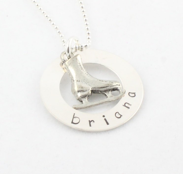 ICE SKATING SKATER Custom Hand Stamped Personalized Sterling Silver Circle Pendant Necklace N105