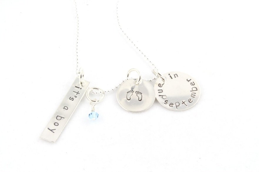 It's a girl boy due date birth maternity pregnant hand stamped sterling silver necklace N109