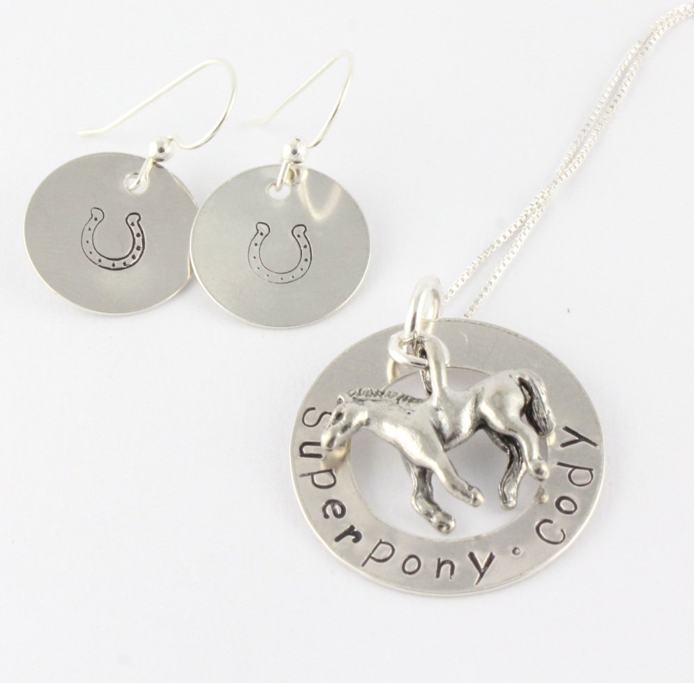 Horse Necklace Earrings Set- Custom Hand Stamped Personalized Sterling Silver N107