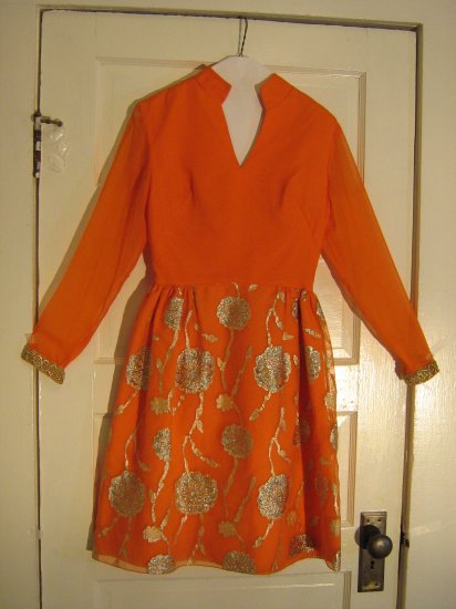 Mod 1970s Orange Chiffon Dress with Gold Embroidery