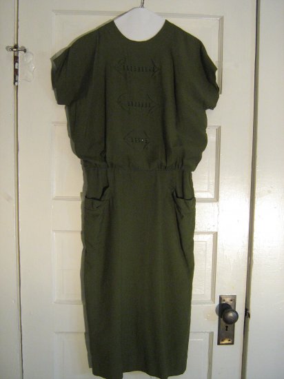Olive Green 1940s Blouson Dress with Bead Detail