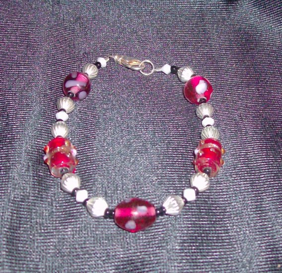Red Galss Lampwork with Silver Bicone Bracelet