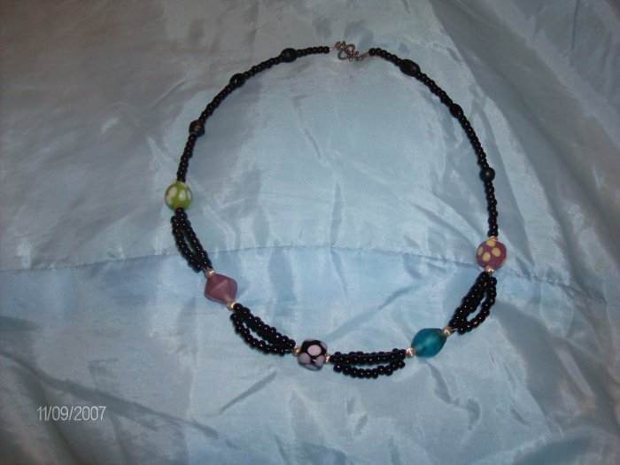 Black Seed Beads with Glass Lampwork Necklace