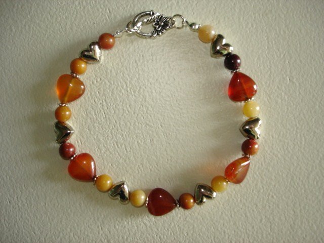 Amber Agate & Silver Heart Bracelet - Handcrafted