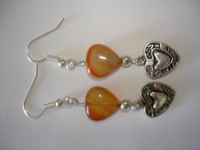 Handcrafted Amber Agate Heart Charm Dangle Earrings - 2"