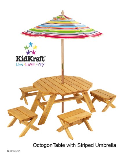 Octagon Table & 4 Stools and Multi Striped Umbrella Item# 00042