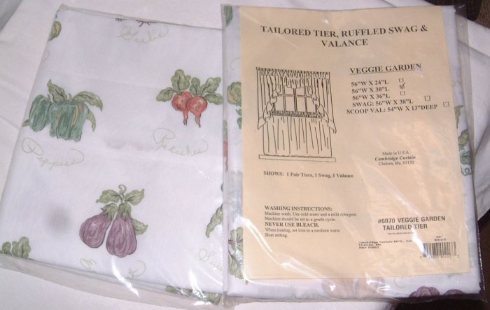 White Veggie Garden 60" Valance & 2 Tiers Curtains Lined NIP