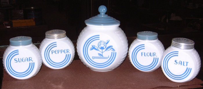 VITROCK Fire King Blue Circle Range Set Grease Jar Sugar F/S/P
