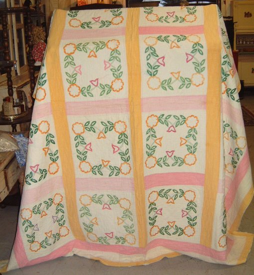Vtg Embroidered Quilt Yellow Pink Heavy & Warm