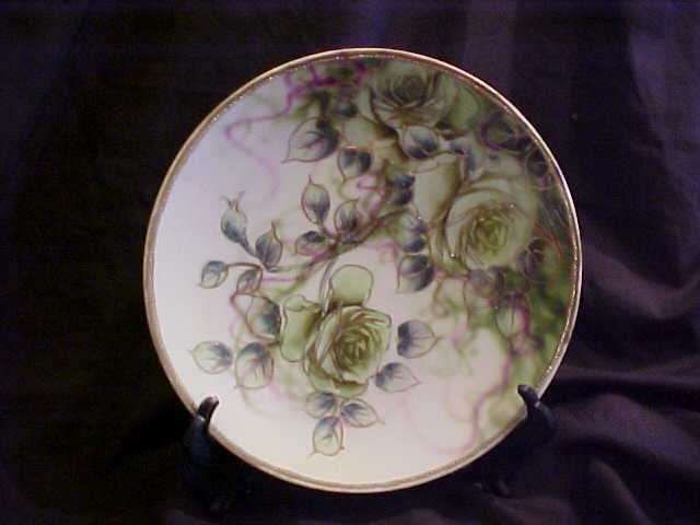 Vintage Handpainted Decorative Plate with Green Roses