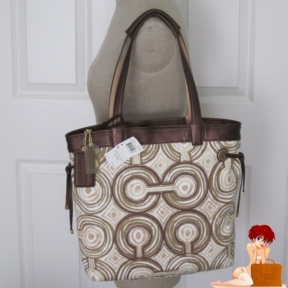 New Authentic Coach Audrey Op Art Swirl Signature Slim Tote Bag Brown 17044 $298