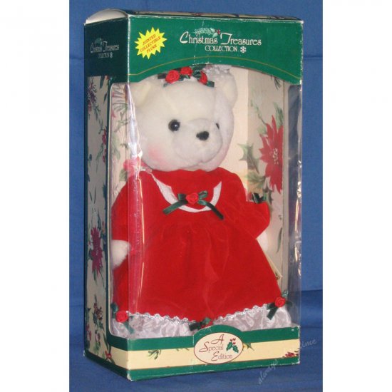 Christmas Treasures Holiday Bear jointed plush with display stand