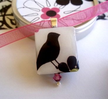 Little Black Bird Scrabble Tile Necklace in a tiny tin