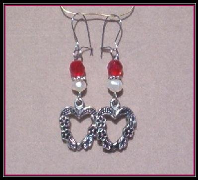 Antique Silver Floral Heart, Freshwater Pearl Ruby Crystal Earrings