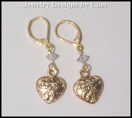 GOLD FILIGREE HEART CHARM EARRINGS Swarovski Crystals SALE