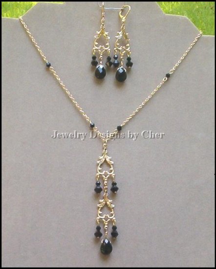 GOLD CHANDELIER JET BRIOLETTES and CRYSTALS Double Chandelier Set