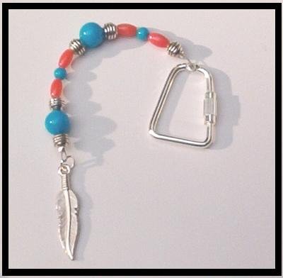 Beaded TURQUOISE & CORAL KEYCHAIN Feather Charm