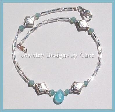 CELTIC SILVER AQUA CHALCEDONY & Crystal Anklet