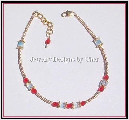LADY IN RED ANKLET, Gold Vermeil & Crystal AB Cubes ADJUSTABLE!