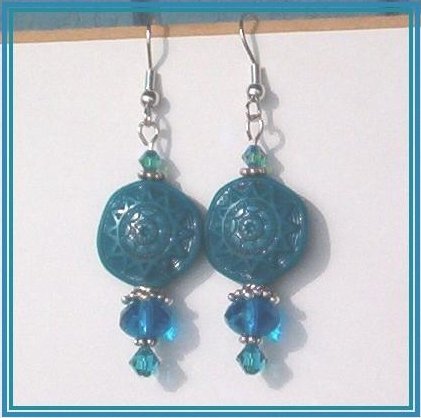 AZTEC SUN COIN Teal Gemcut Swarovski Silver Earrings