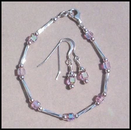 PINK CRYSTAL AB CUBE STERLING SILVER 2Pc SET