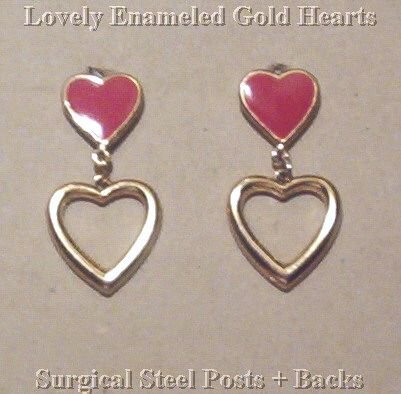 Vintage RED ENAMEL & GOLD OPEN HEART EARRINGS!