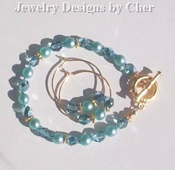 Aqua Pearls & Crystals, 2Pc Gold Set... Hoop Earrings & Toggle Bracelet