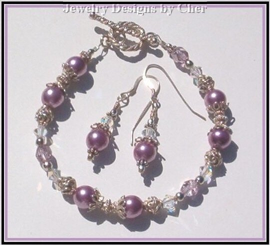 Violet Pansy PEARL CRYSTAL Bali Sterling Silver SET