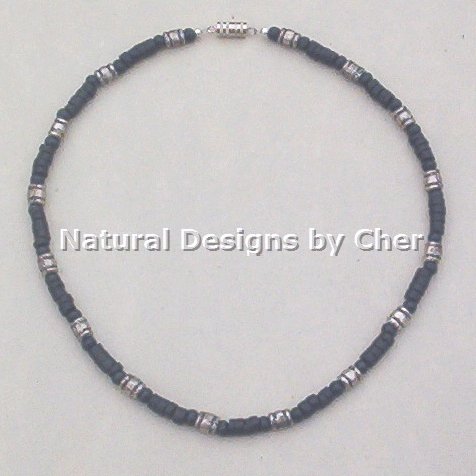 BLACK Buri Heishi & Wood NECKLACE Unisex 16 Inch