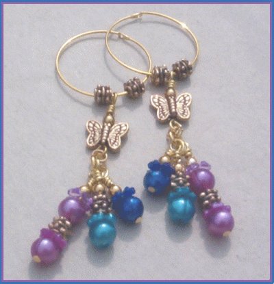 Purple & Blue Floral Butterfly Gold Endless Hoop Earrings... Long Dangles!