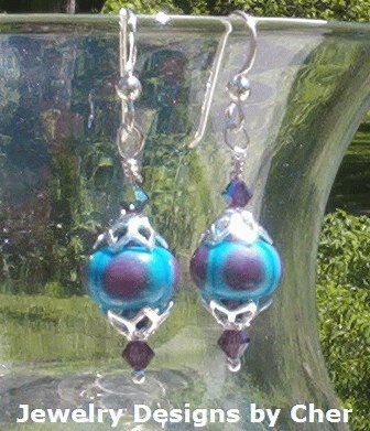 TURQUOISE & PURPLE Lampwork Earrings Swarovski & Sterling Silver