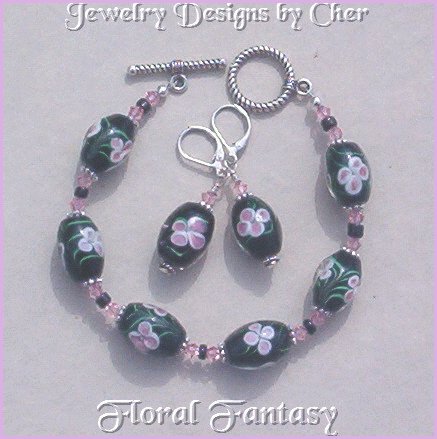 Floral Fantasy LAMPWORK SET Black & Pink Swarovski Crystals