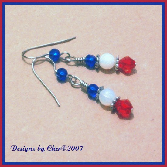 RED WHITE BLUE Glass Opal & Crystal Silver Earrings